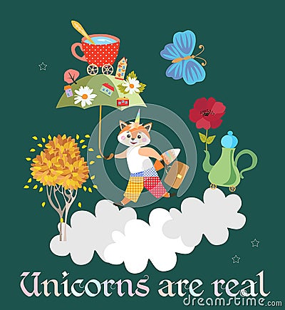 A small cute little fox - a unicorn with a magic umbrella in its paws, walks the clouds. Vector Illustration