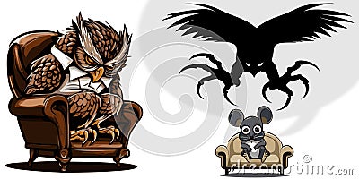 Small cute mouse counselled by predatory owl doctor speech bubble vector graphics Stock Photo