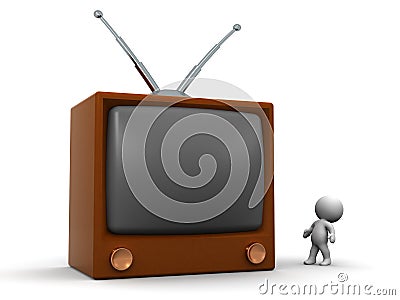 Small 3D Character Looking Up at a Large Retro TV Stock Photo