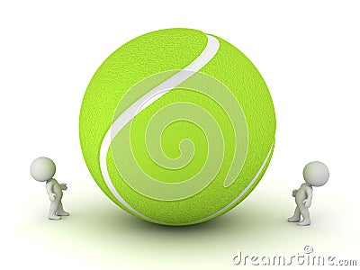 Small 3D Characters Looking Up at Large Tennis Ball Stock Photo