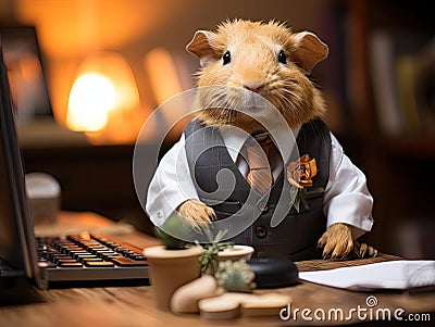 Tiny guinea pig CEO with laptop at desk Stock Photo