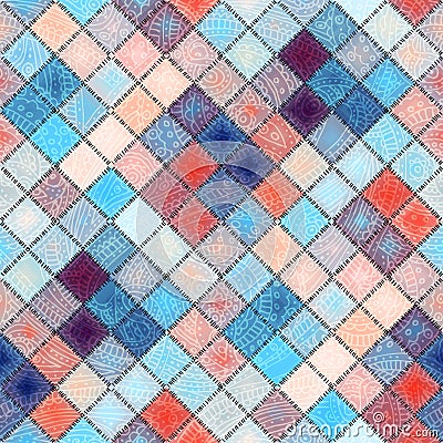 Small diagonal squares in patchwork stylle with paisley ornament. Stock Photo