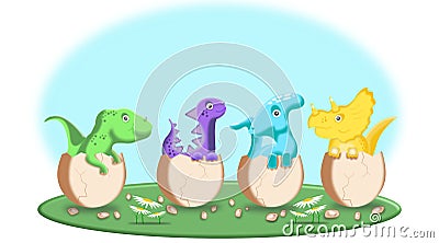 Small dinosaurs hatch from eggs Stock Photo