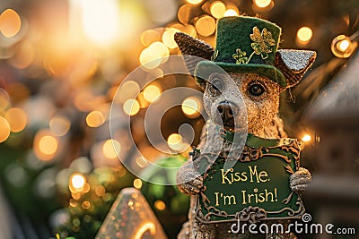 A small dog dressed in a green hat and holding up an irish sign, AI Stock Photo