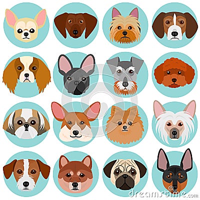 Small dog faces set with circle Vector Illustration