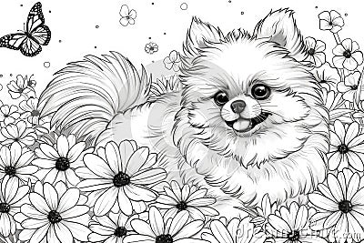 A small dog laying in a field of flowers, coloring book for kids. Stock Photo