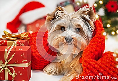 Small dog puppy yorkshire terrier with cute expression at Christmas. Gifts, Christmas tree in background. Happy New Year! Stock Photo