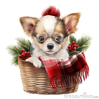 A small dog is sitting in a basket Christmas clipart. Stock Photo