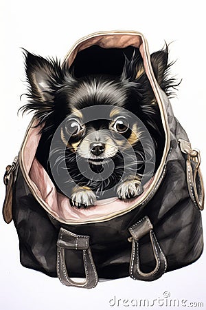 Small dog is sitting inside of purse with its paws on the handle. Generative AI Stock Photo