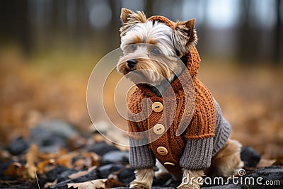 A small dog wearing a sweater on top of a pile of leaves Stock Photo