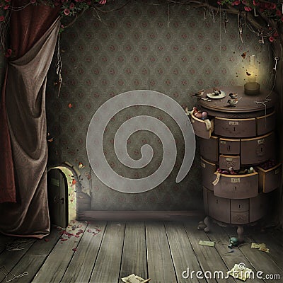 A small door in the Amazing garden Cartoon Illustration