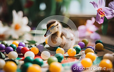 A small duckling is surrounded by colorful balls. Generative AI image. Stock Photo
