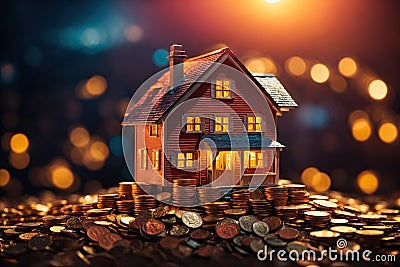 A small dwelling resting on a pile of coins. ai generative Stock Photo