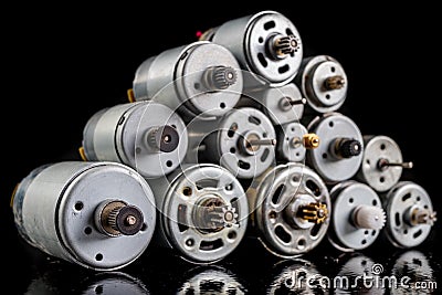 Small electric motors for driving electrical devices. Electric accessories for repairing power tools Stock Photo