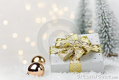 Small elegant silver gift box tied with golden ribbon bow baubles in winter scene forest with fir trees snow. Christmas New Years Stock Photo