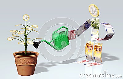 Small euro coin tree is watered in a vase Stock Photo