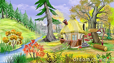 Small Fairy Tale House Near the River in the Autumn Forest Stock Photo