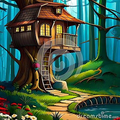 Small fairytale tree house in the dark woods Cartoon Illustration