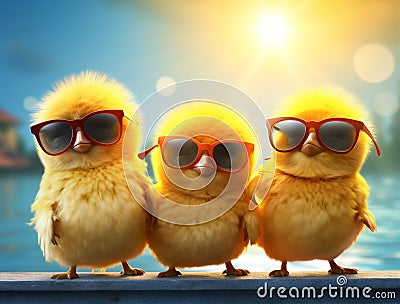 Small farming chicken bird chick animal closeup young sunglasses green poultry yellow Stock Photo