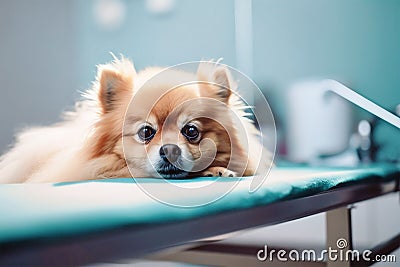 Small Pomeranian dog lying down on examination table at vet clinic. Generative AI Stock Photo