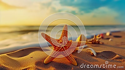 Small figure of starfish in the sand on the background of beach and sea Stock Photo
