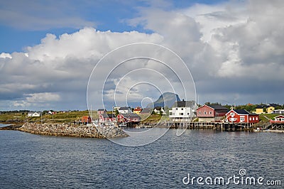 Small fishermen village with red houses on island in Helgeland archipelago Stock Photo