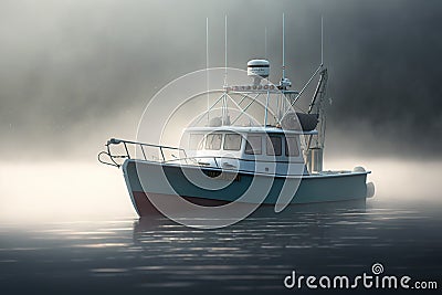 A small fishing boat goes out to fish in the morning mist. Ai generated Stock Photo