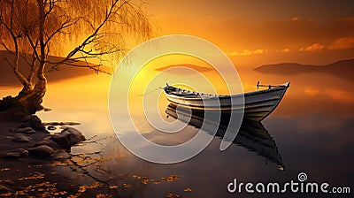 Small fishing boat moored at the edge of a quiet lake. Landscape with sunset. Stock Photo