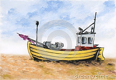 Small fishing boat on sandy beach Stock Photo