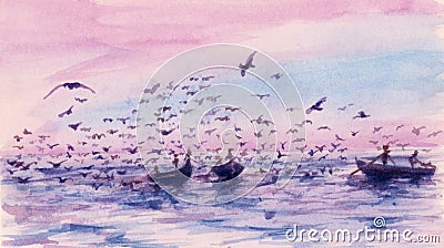 Small fishing boats and birds under warm sky Stock Photo