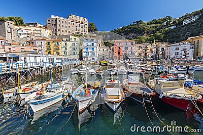 Small fishing boats at harbor Marina Grande in Sorrento, Campania, Amalfi Coast, Italy. Stock Photo