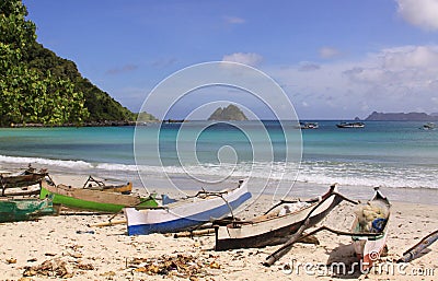Small fishing boats at Mawun beach, Lombok Stock Photo