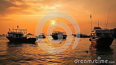 Small fishing boats in the sea sea in Twilight time Stock Photo