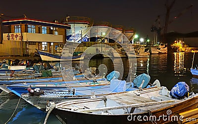 Small Fishing Harbor by Night in Taiwan Editorial Stock Photo