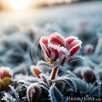 small flower in frost, freezing, frost, sunny day, high contrast Stock Photo