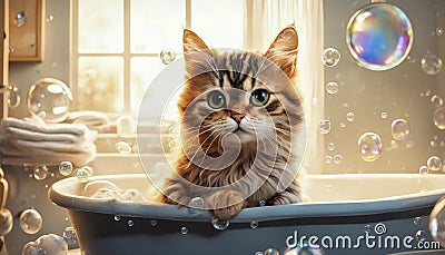 Small fluffy kitten is taking a bath among foam and flying soap bubbles on the background of bright window. Cute, clean animal Stock Photo