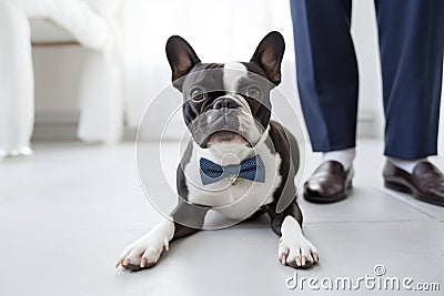 Small French Bulldog dog with bow tie next groom at wedding. Cartoon Illustration