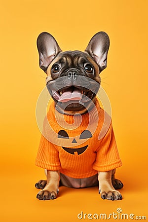 Small French Bulldog dog with Halloween pumpin sweater on yellow background Stock Photo