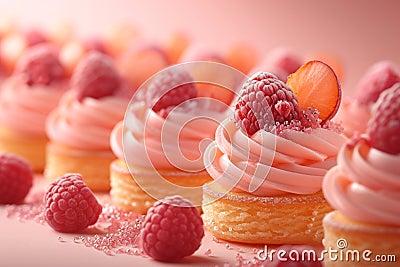 small French desserts, mini cakes, on a peach-colored background Stock Photo