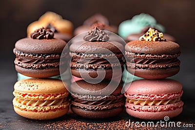 Small French pastries. Sweet and colorful French Macarons Cakes Stock Photo