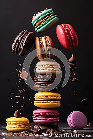 Small French pastries. Sweet and colorful French Macarons Cakes Stock Photo