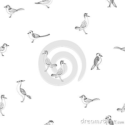 Small friendly birds seamless pattern from the summer forest. Stock Photo