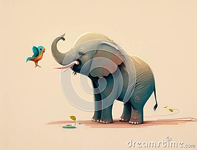 A small friendly elephant waves hello with its trunk to a pair of singing birds. Cute creature. AI generation Stock Photo