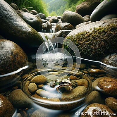 Small frog enjoys cool pool water in stream Stock Photo