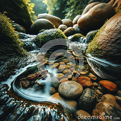 Small frog enjoys cool pool water in stream Stock Photo