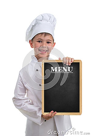 Small funny chef in white uniform holding a menu board, on white background. Stock Photo