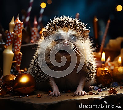 Small funny hedgehog. Little lovely wildlife animal. Generative AI Stock Photo