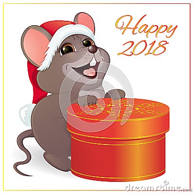 A small funny mouse with a large, round, red gift box. Vector Illustration