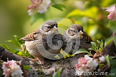 Small funny sparrow chicks sit in the garden surrounded by pink Apple blossoms on a sunny day Stock Photo