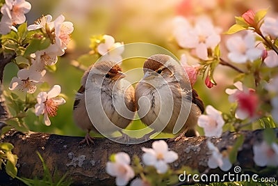 Small funny sparrow chicks sit in the garden surrounded by pink Apple blossoms on a sunny day Stock Photo